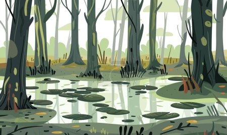 Sümpfe im Wald. Landschaft mit Sumpf, Seerosen, Baumstämmen und Moorgras. Vektor-Cartoon-Illustration des wilden Waldes mit Fluss, See oder Sumpf, Vektor