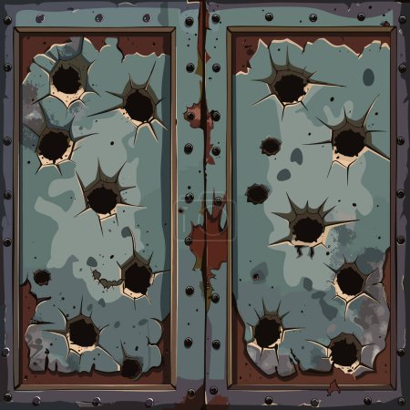 Bullet holes. Damage and cracks on metal surface from bullets. Vector illustration