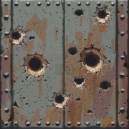 Bullet holes. Damage and cracks on metal surface from bullets. Vector illustration