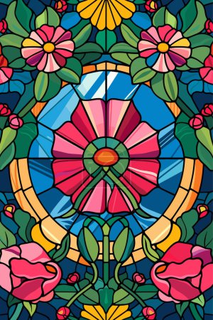 Illustration in stained glass style with abstract flowers, leaves and curls, rectangular image. Vector
