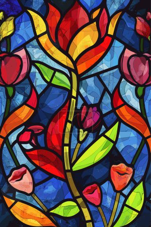 Illustration in stained glass style with abstract flowers, leaves and curls, rectangular image. Vector