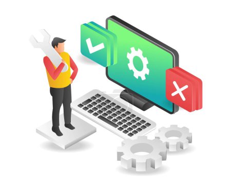 Isometric illustration flat concept of man servicing software update