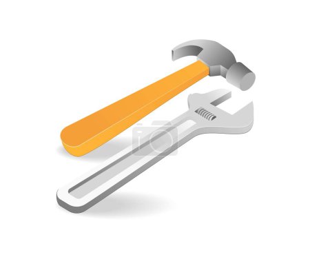 Ilustración de Ilustración isométrica plana concepto 3d de un par de martillo y llave inglesa - Imagen libre de derechos