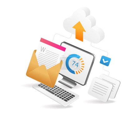 Illustration for Flat isometric 3d illustration process of sending data to cloud server - Royalty Free Image