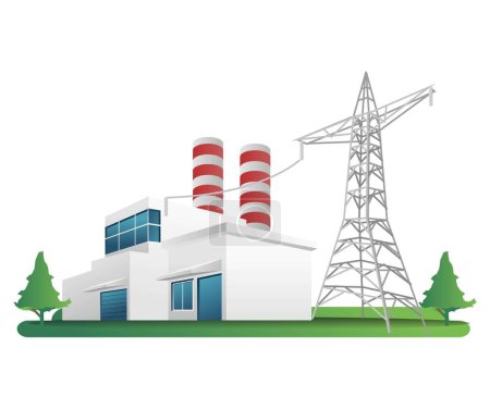 Ilustración de Flat isometric 3d illustration concept of minimalist industrial factory building with electricity poles - Imagen libre de derechos