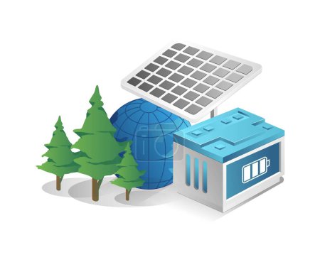 Illustration for Flat isometric 3d illustration concept eco green view with solar panels - Royalty Free Image