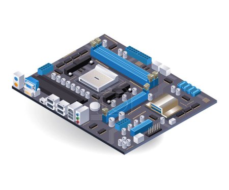 High speed computer matherboard flat isometric 3d illustration