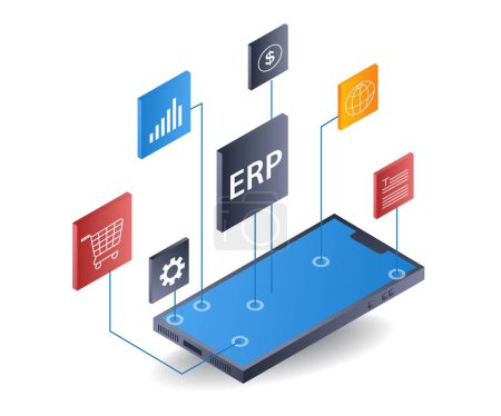 Empresa ERP gestión de teléfonos inteligentes, plano isométrico 3d ilustración
