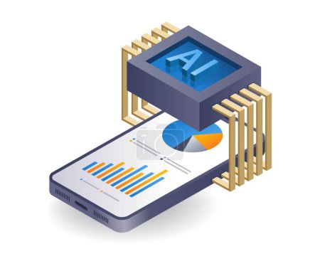 Artificial intelligence analyst smartphone, flat isometric 3d illustration