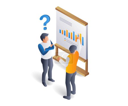 Question mark with boss explanation, flat isometric 3d illustration