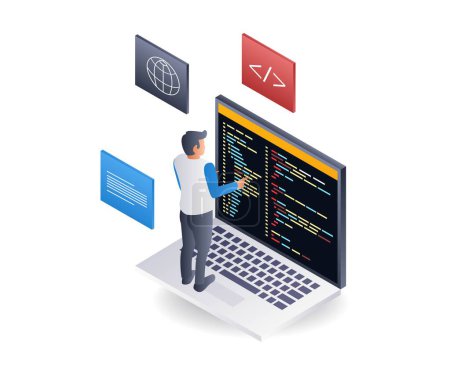 Programmer is completing his assignment, flat isometric 3d illustration