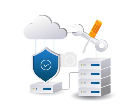 Cloud server security maintenance technology infographic 3d illustration flat isometric