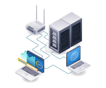 Illustration for Wifi network server technology analyst infographic 3d illustration flat isometric - Royalty Free Image
