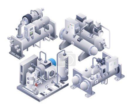Industriemaschine Rohr Wasserkühler Infografik flache isometrische 3D-Illustration