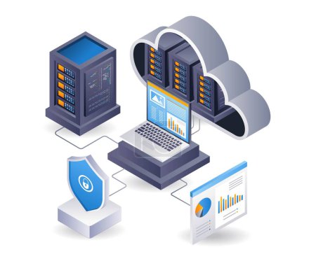 Cloud server computer data analyst, infographic 3d flat isometric illustration