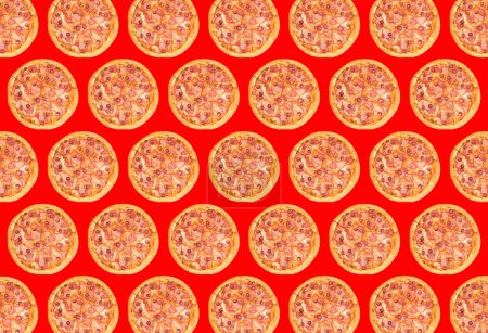 Photo for Trendy colorful repeating pattern of a whole pizza on a red background. High quality photo - Royalty Free Image
