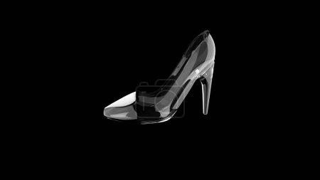 Zapatilla de cristal o de cristal o zapato de tacón alto sobre fondo negro, concepto Cenicienta. 3d renderizar.