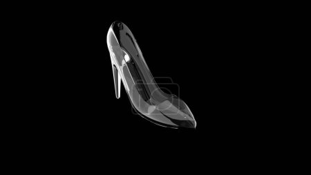 Zapatilla de cristal o de cristal o zapato de tacón alto sobre fondo negro, concepto Cenicienta. 3d renderizar.