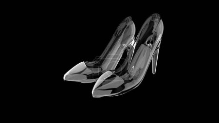 A crystal or glass slipper or high heel shoe on a black background, Cinderella concept. 3d render.