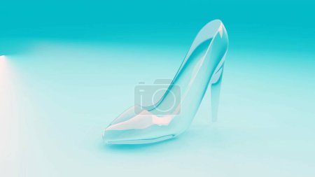 Foto de Zapatilla de cristal o de cristal o zapato de tacón alto sobre fondo negro, concepto Cenicienta. 3d renderizar. - Imagen libre de derechos
