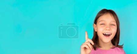 banner for advertising little girl showing sign, symbol or sign of idea and epiphany poster with place to insert text. High quality photo