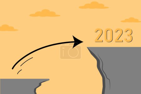 Ilustración de Vecror la flecha saltando más allá de la colina para el nuevo año 2023 concepto - Imagen libre de derechos
