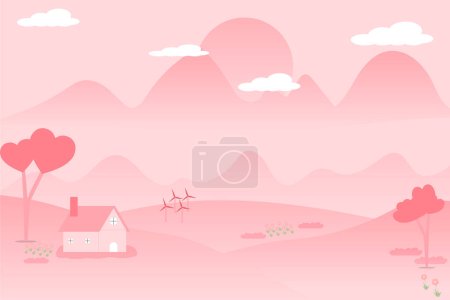 Illustration vectorielle maison à l'amant rose montagne et fleur fond paysage valentine cocnept