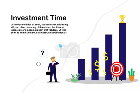 Illustration for Vector illustration concept businessman standing and thinking about investment with strategy growth graph and trophy on bar - Royalty Free Image