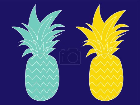 Foto de Piñas azules y amarillas. Frutos tropicales aislados sobre fondo azul. Frutas exóticas. Ilustración vectorial plana con ananas. Arte de línea con zigzag - Imagen libre de derechos