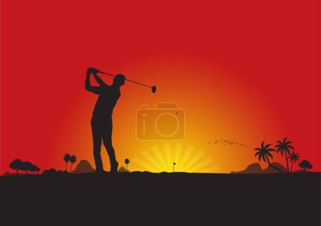 Téléchargez les illustrations : Silhouette man on golf club on a bright sunset background. vector. - en licence libre de droit