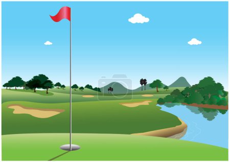Illustration for Golf hole vector green tee background illustration with flag and trees. - Royalty Free Image