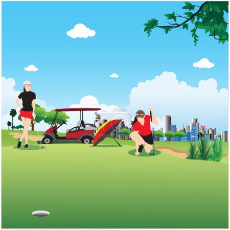 Ilustración de Golf course for challenging golfers Surrounded by sfady nature. Illustration of a golf course as a background. - Imagen libre de derechos
