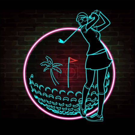 Illustration for Vector illustration of female golfer in the form of neon lights. - Royalty Free Image