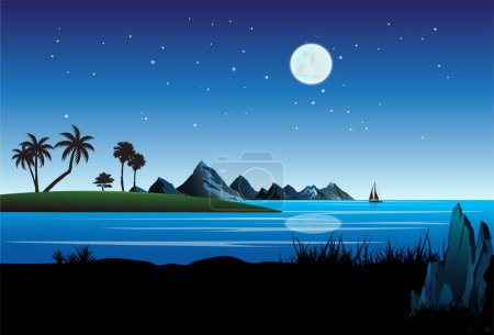 Foto de Ilustración vectorial de una vista azul del océano por la noche. - Imagen libre de derechos