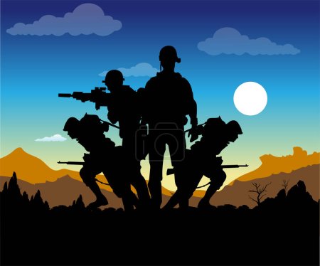 Vector illustration of silhouettes of soldiers in the army fighting in war.
