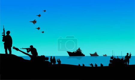Ilustración de Ilustración vectorial de siluetas de soldados en el ejército luchando en guerra - Imagen libre de derechos