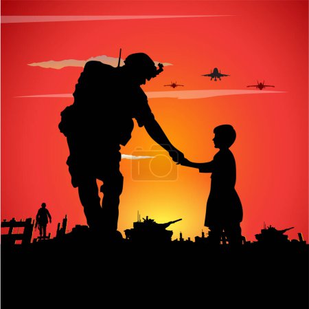 Ilustración de Ilustración vectorial de siluetas de soldados en el ejército luchando en guerra. - Imagen libre de derechos