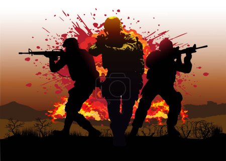 Foto de Ilustración vectorial de siluetas de soldados en el ejército luchando en guerra. - Imagen libre de derechos