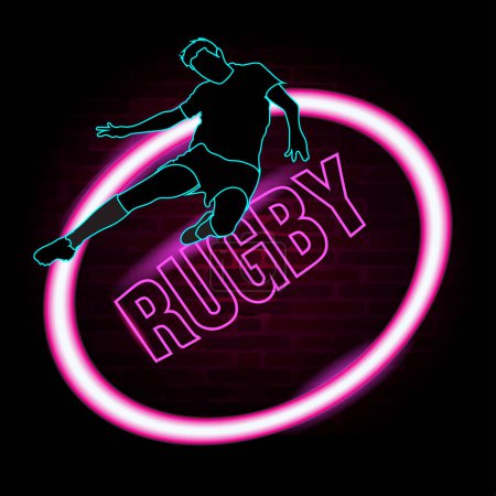 Foto de Ilustración vectorial de anuncios deportivos de rugby con luces de neón en la pared. - Imagen libre de derechos