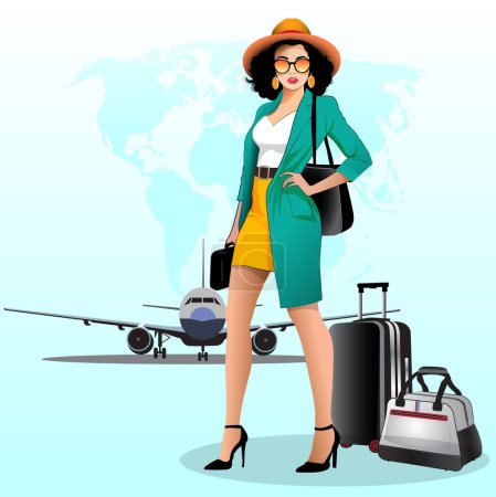 Foto de Ilustración vectorial de una mujer de negocios que viaja alrededor del mundo. - Imagen libre de derechos