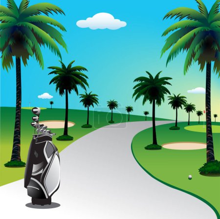 Ilustración vectorial de un campo de golf con una carretera para carros de golf.