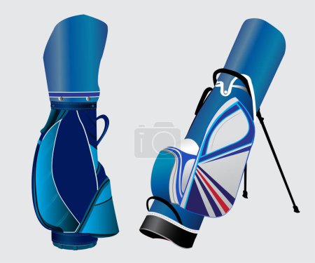 Vector illustration of various golf bags on a white background.