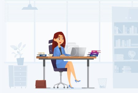 Ilustración de Joven empresaria exitosa sentada en la mesa de la oficina y trabajando en el ordenador portátil. Beber café y sonreír - Imagen libre de derechos