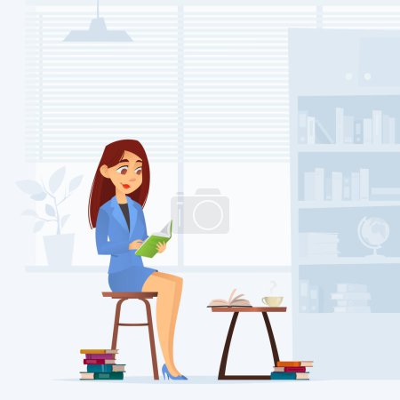 Illustration for Young successful businesswoman reading book, sitting on chair at the office. Small wooden table with cup of coffee or tea - Royalty Free Image