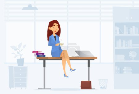 Illustration for Young successful businesswoman sitting on the table, smiling and relaxing with a cup of coffee or tea at the office during a morning break - Royalty Free Image