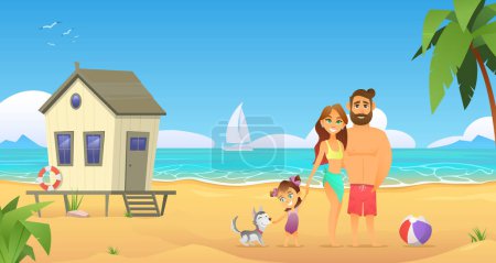 Illustration for Happy family standing in front of beautiful tropical paradise sea beach. Father, mother and little daughter with dog. Beach house behind. Summer vacation. Vector cartoon flat illustration - Royalty Free Image