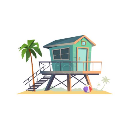Illustration for Summer lifeguard house on the sandy beach. Isolated on white background. Cartoon vector illustration - Royalty Free Image