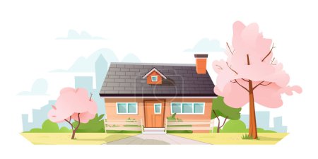 Beautiful house amidst the pink flowering cherry trees. Green lawn surrounds the house. City buildings under sky with clouds in the background. Spring atmosphere. Flat cartoon style. Vector illustration