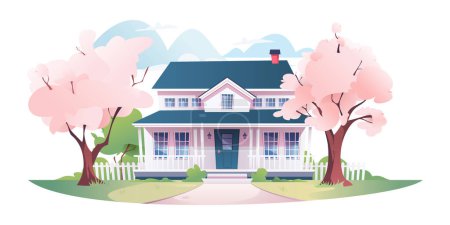 Big beautiful house among the pink flowering cherry trees. Green lawn. Sky with clouds. Spring atmosphere.  Flat cartoon style. Vector illustration
