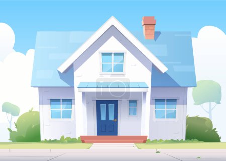 Illustration for Suburban house with blue roof, amidst lush greenery, under sky with clouds. Spring atmosphere.  Flat cartoon style. Vector illustration - Royalty Free Image